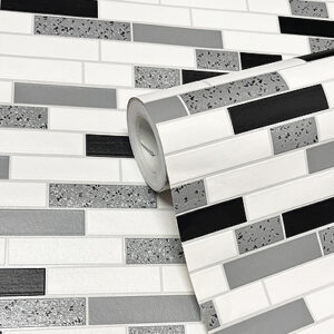 Black, White & Grey with Glitter, Tiling on a Roll, Kitchen / Bathroom Wallpaper