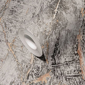 Grey, Modern Marble Effect Look with Metallic Accents (Double Width Roll)