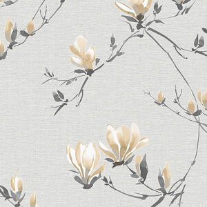 Grey/Ochre Elegant Magnolia Bloom Wallpaper