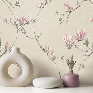 Natural/Pink Elegant Magnolia Bloom Wallpaper