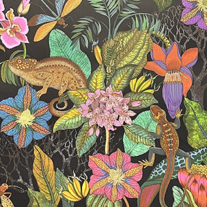 Tropical Wallpaper, Exotic Flowers & Lizards (Black)