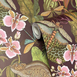 Tropical Wallpaper, Exotic Flowers & Lizards (Plum)