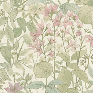 Hand Drawn Style Soft Botanical Garden (Green/Pink)